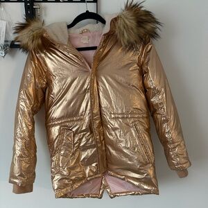 Crewcuts Metallic Gold Puffer Jacket with Faux Fur Hood